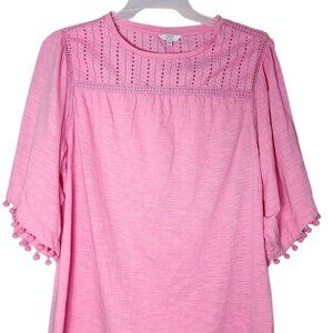 Crown & Ivy Pink Eyelet Lace Cotton Top XL Boho Peasant Blouse Pom Pom Sleeve